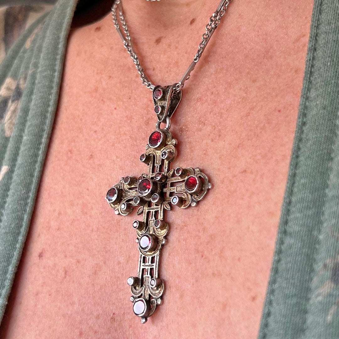 Antique Austro-Hungarian Cross Pendant Silver Garnet, c. 1870