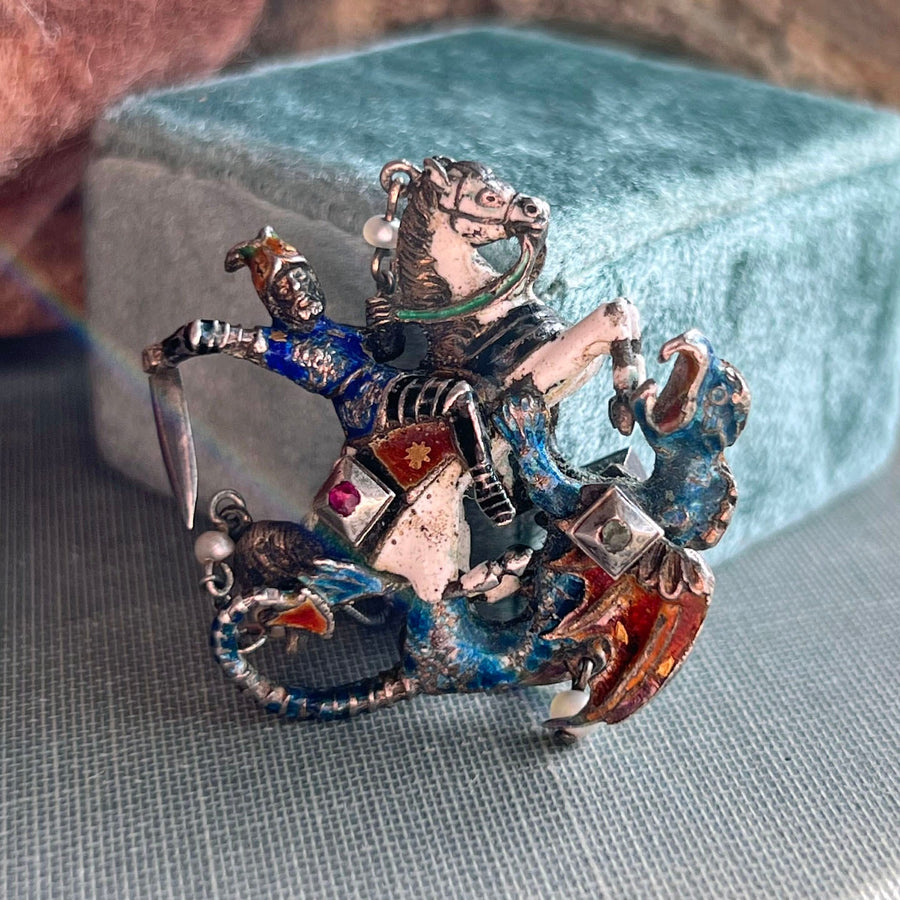 Antique Austro Hungarian silver enamel St George pendant rubies pearls c18