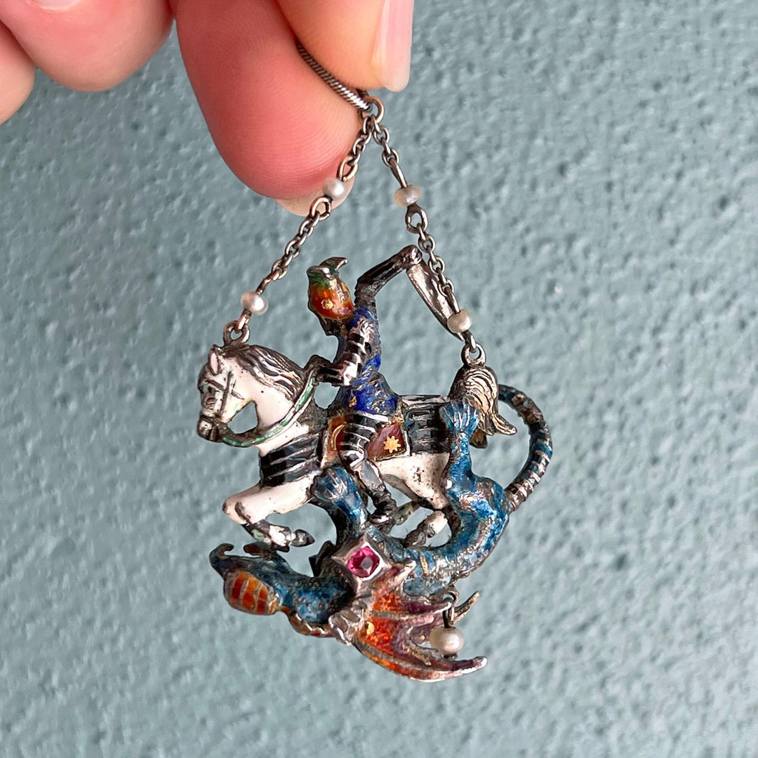 St George and dragon pendant colorful enamel with pearl and ruby accents