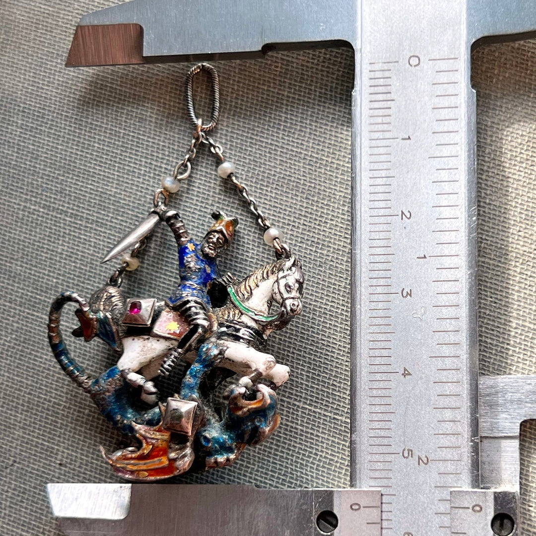Detail of St George slaying dragon antique enamel pendant