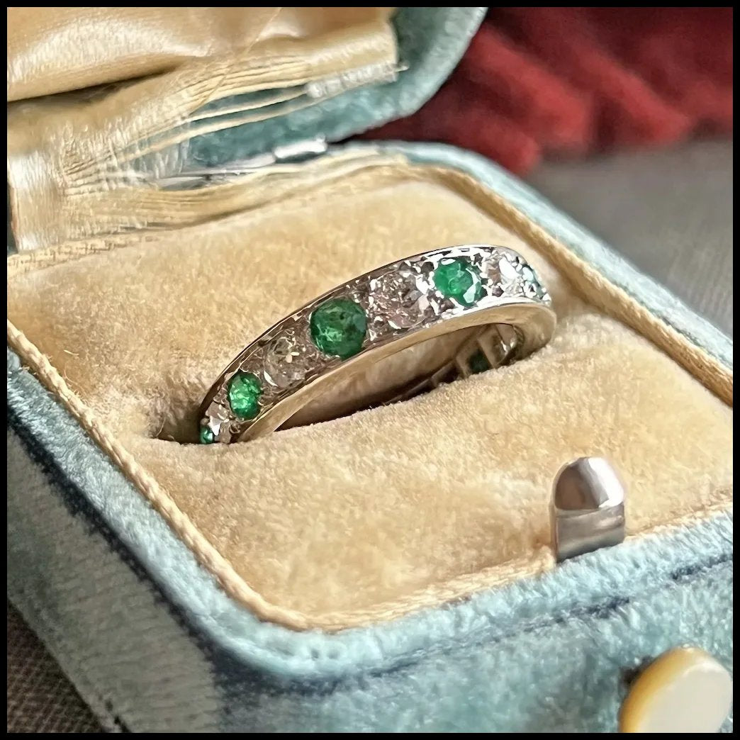 Antique Belle Epoque French Eternity Band Gold Platinum Emerald Diamond, c.1910