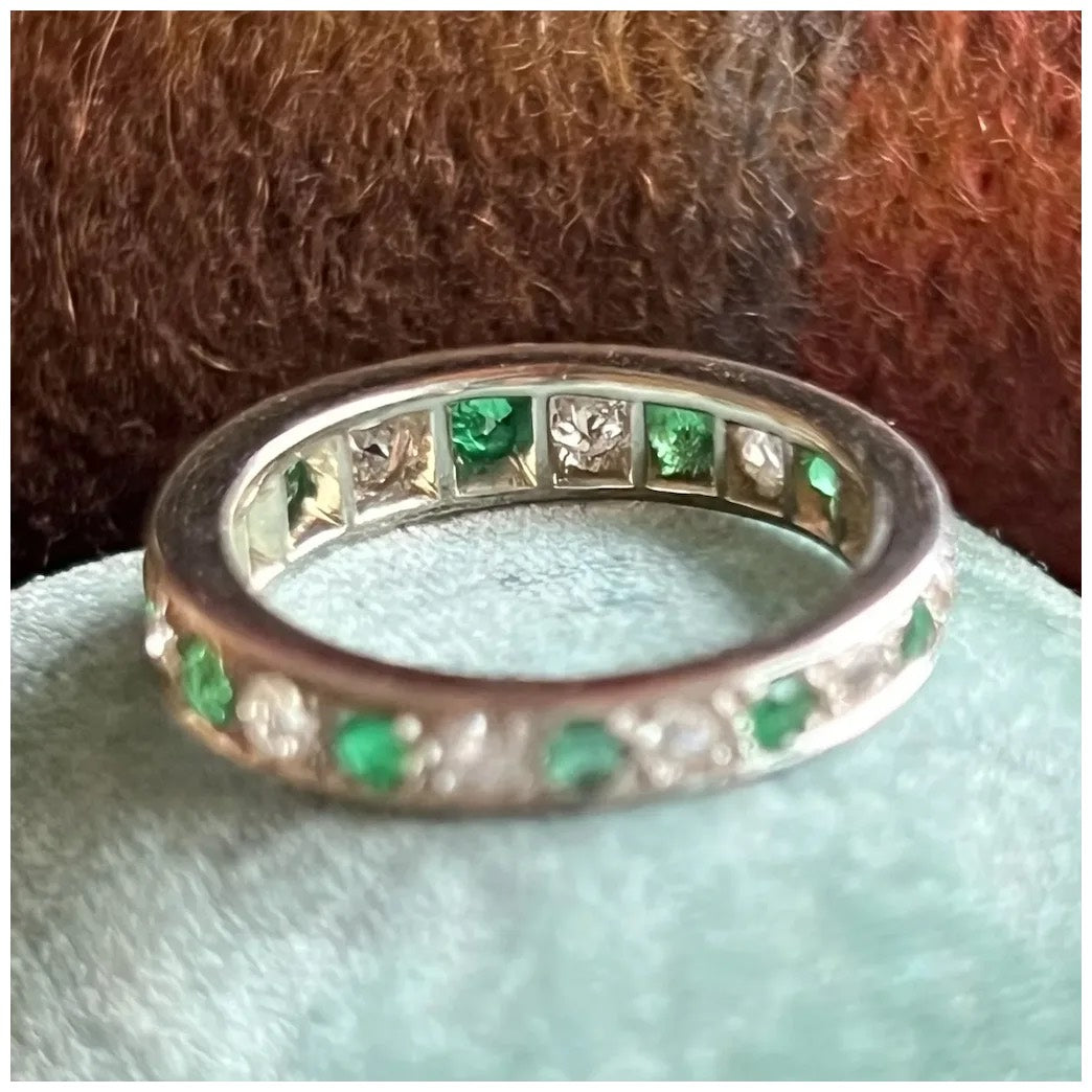 Antique Belle Epoque French Eternity Band Gold Platinum Emerald Diamond, c.1910