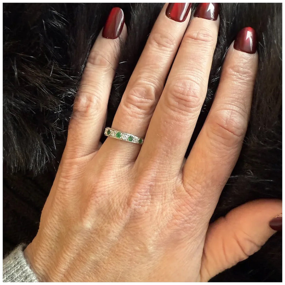 Antique Belle Epoque French Eternity Band Gold Platinum Emerald Diamond, c.1910