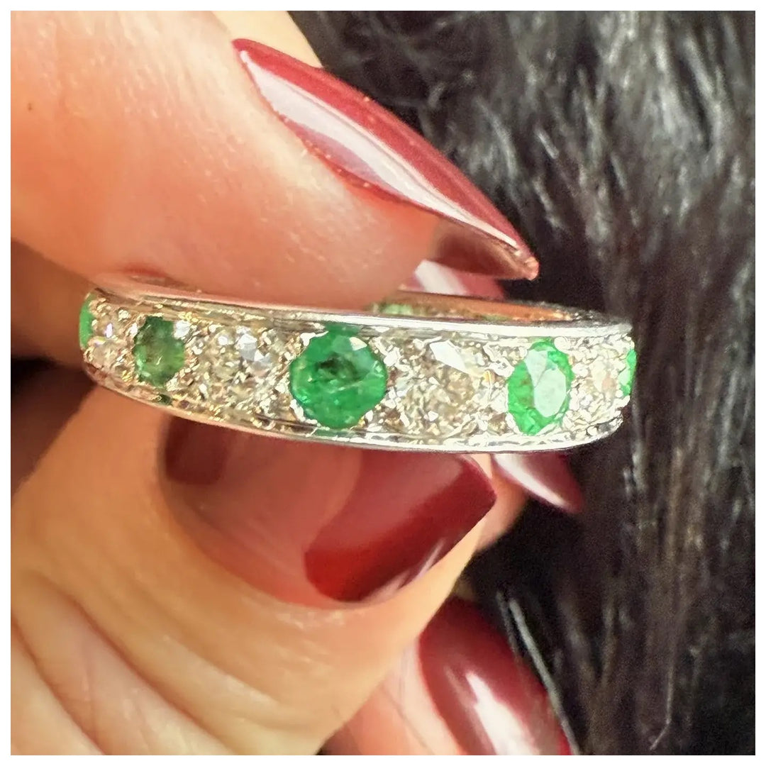 Antique Belle Epoque French Eternity Band Gold Platinum Emerald Diamond, c.1910