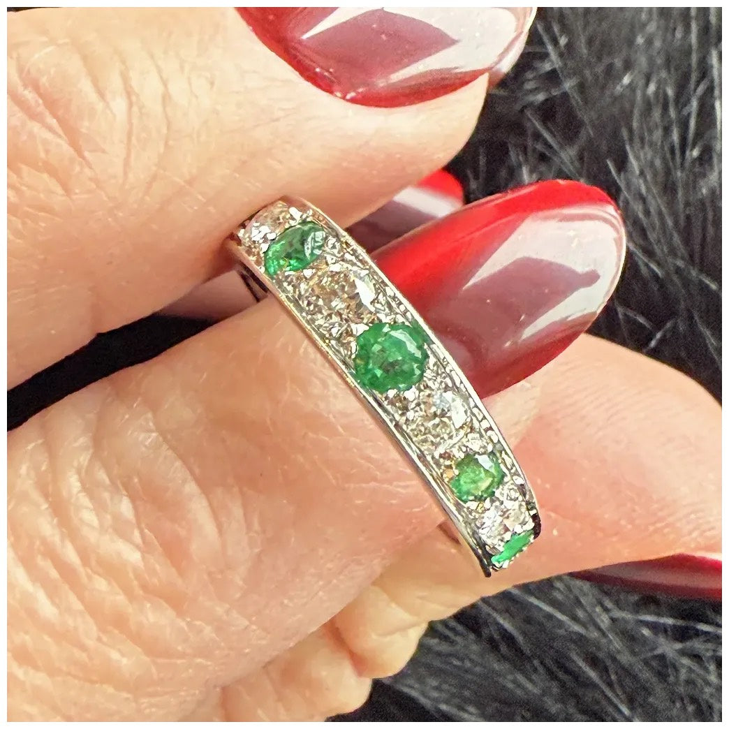 Antique Belle Epoque French Eternity Band Gold Platinum Emerald Diamond, c.1910
