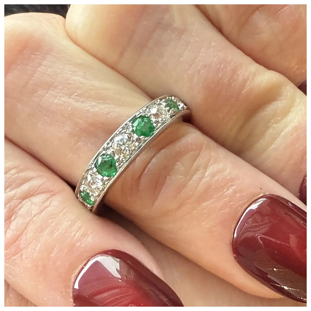 Antique Belle Epoque French Eternity Band Gold Platinum Emerald Diamond, c.1910