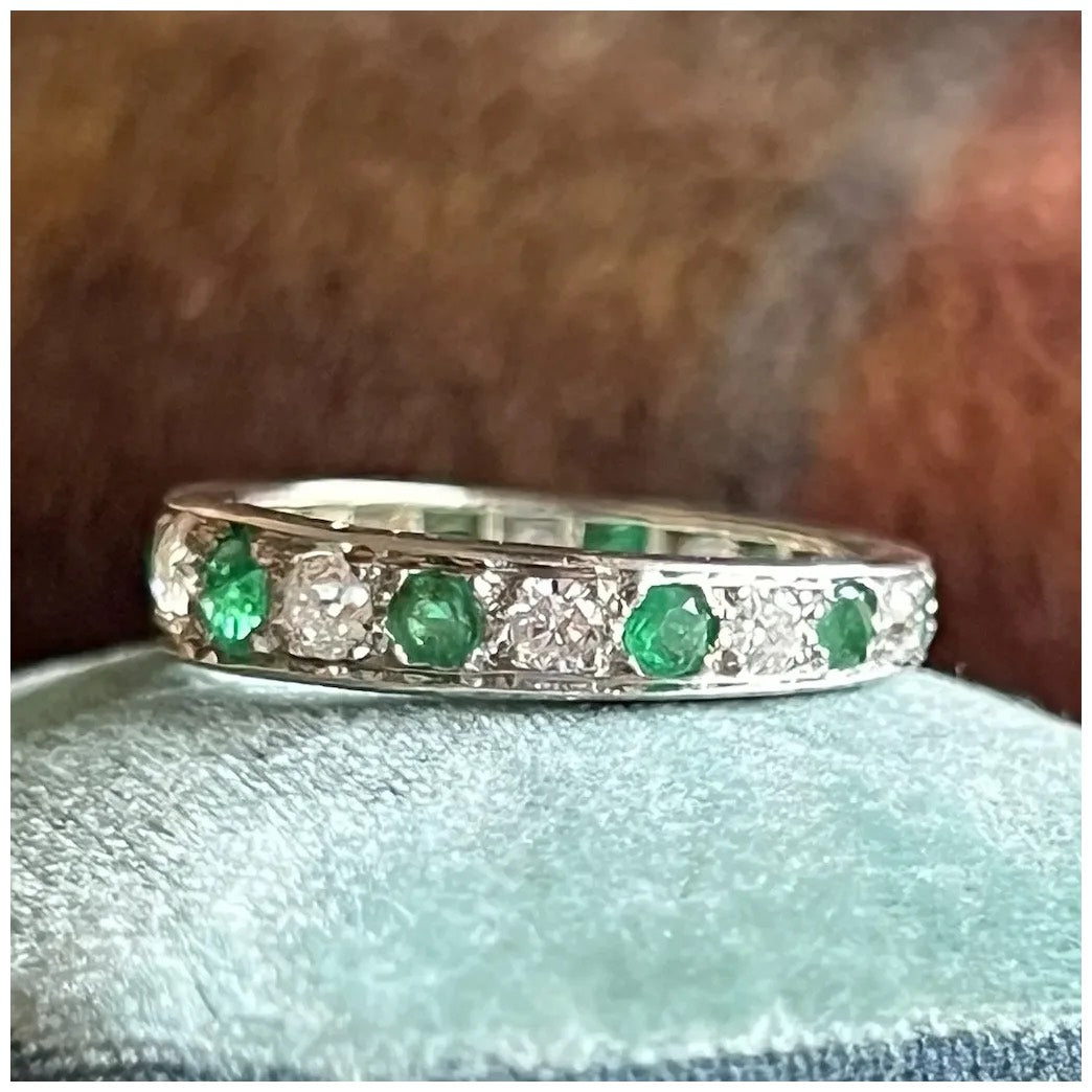 Antique Belle Epoque French Eternity Band Gold Platinum Emerald Diamond, c.1910