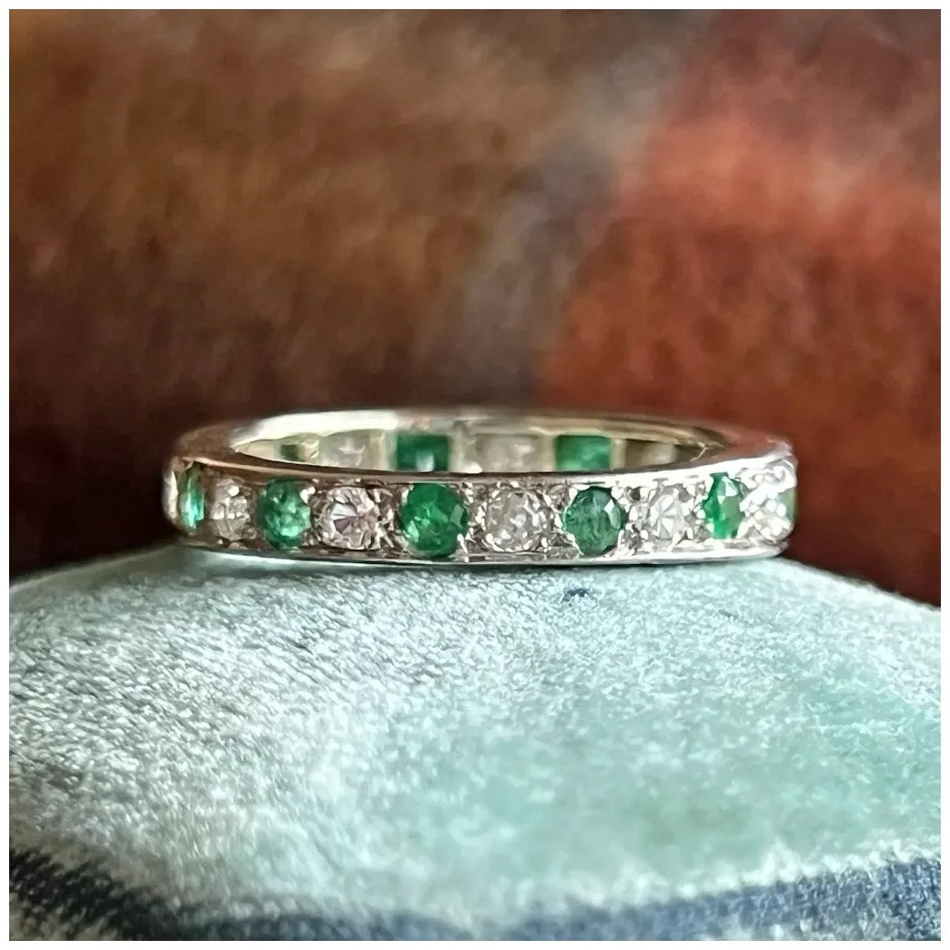 Antique Belle Epoque French Eternity Band Gold Platinum Emerald Diamond, c.1910