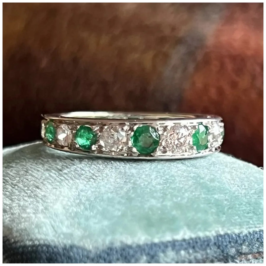 Antique Belle Epoque French Eternity Band Gold Platinum Emerald Diamond, c.1910