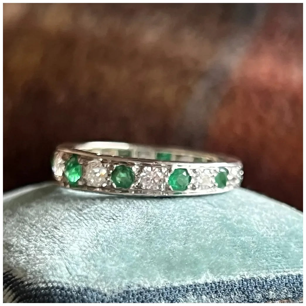 Antique Belle Epoque French Eternity Band Gold Platinum Emerald Diamond, c.1910