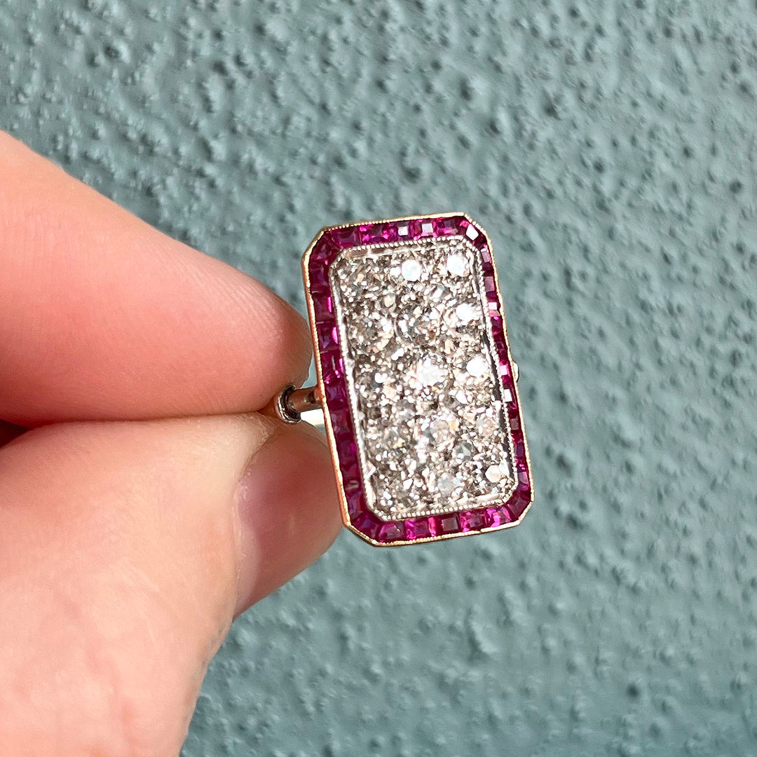 Antique Belle Epoque Gold Platinum Ring Ruby Diamond, c. 1910
