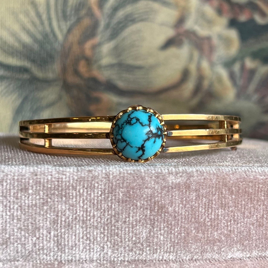 Antique Belle Époque French Bangle Bracelet Gold Turquoise, c.1900