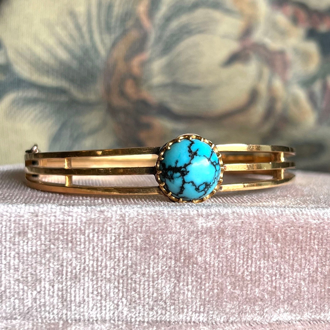 Antique Belle Époque French Bangle Bracelet Gold Turquoise, c.1900