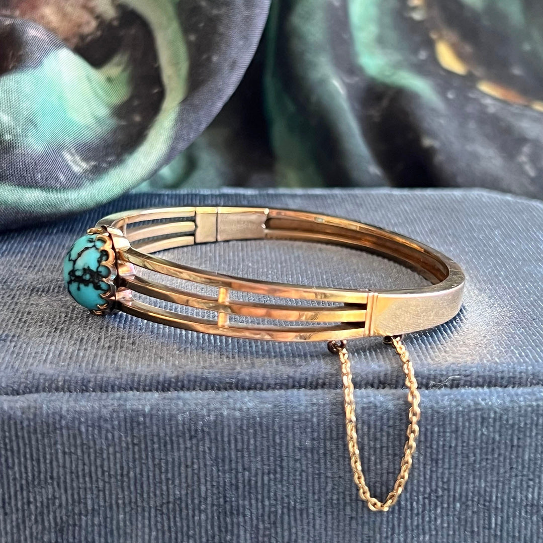 Antique Belle Époque French Bangle Bracelet Gold Turquoise, c.1900
