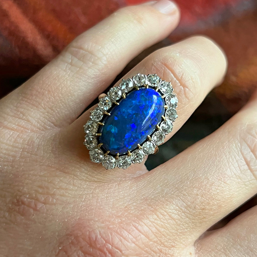 Antique Black Opal and Diamond Halo Ring, French 18k and Platinum