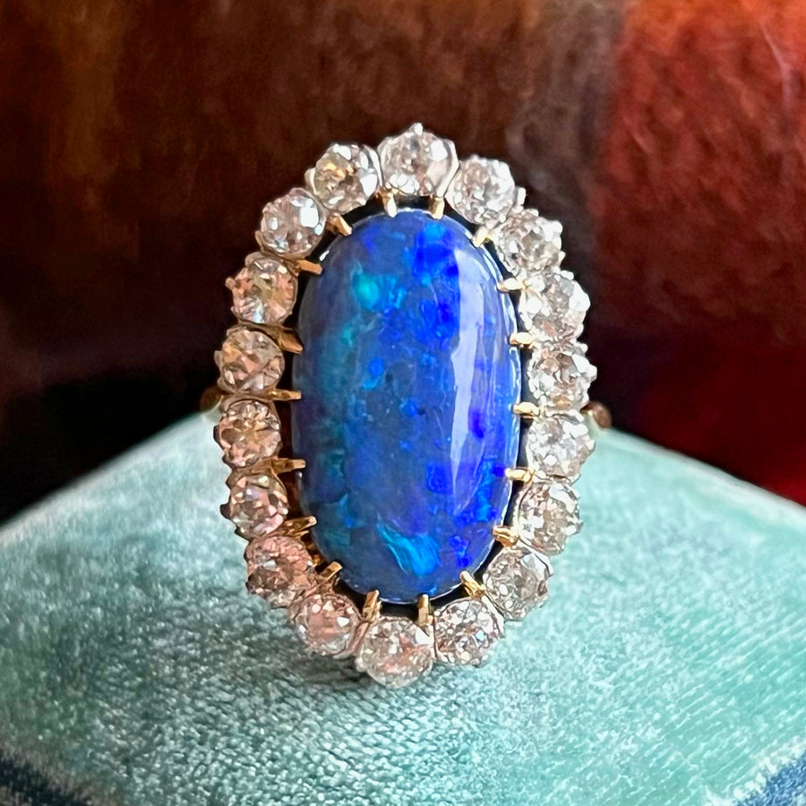 Antique Black Opal and Diamond Halo Ring, French 18k and Platinum