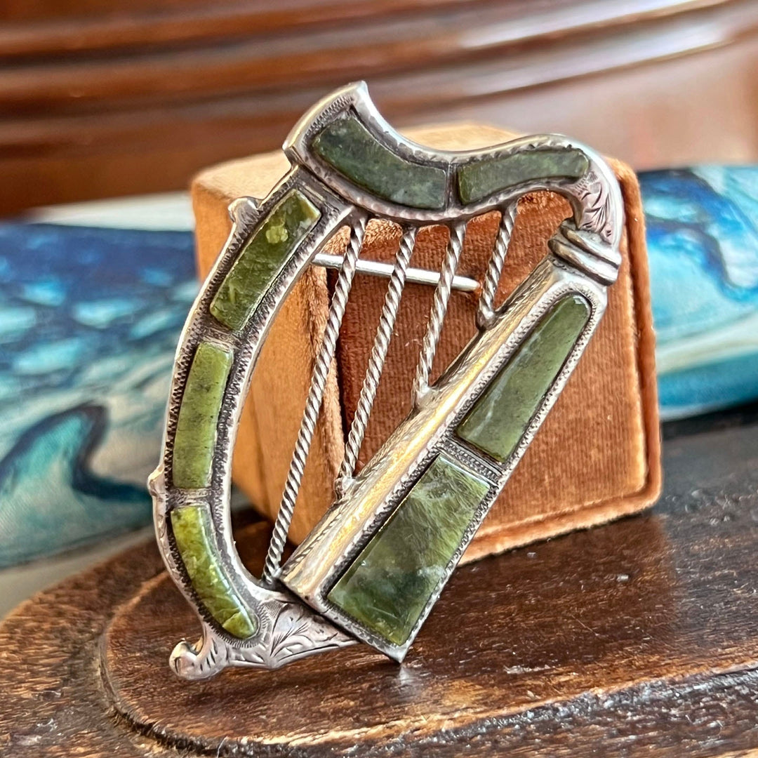Antique Connemara Marble Harp Brooch Silver Birmingham 1909