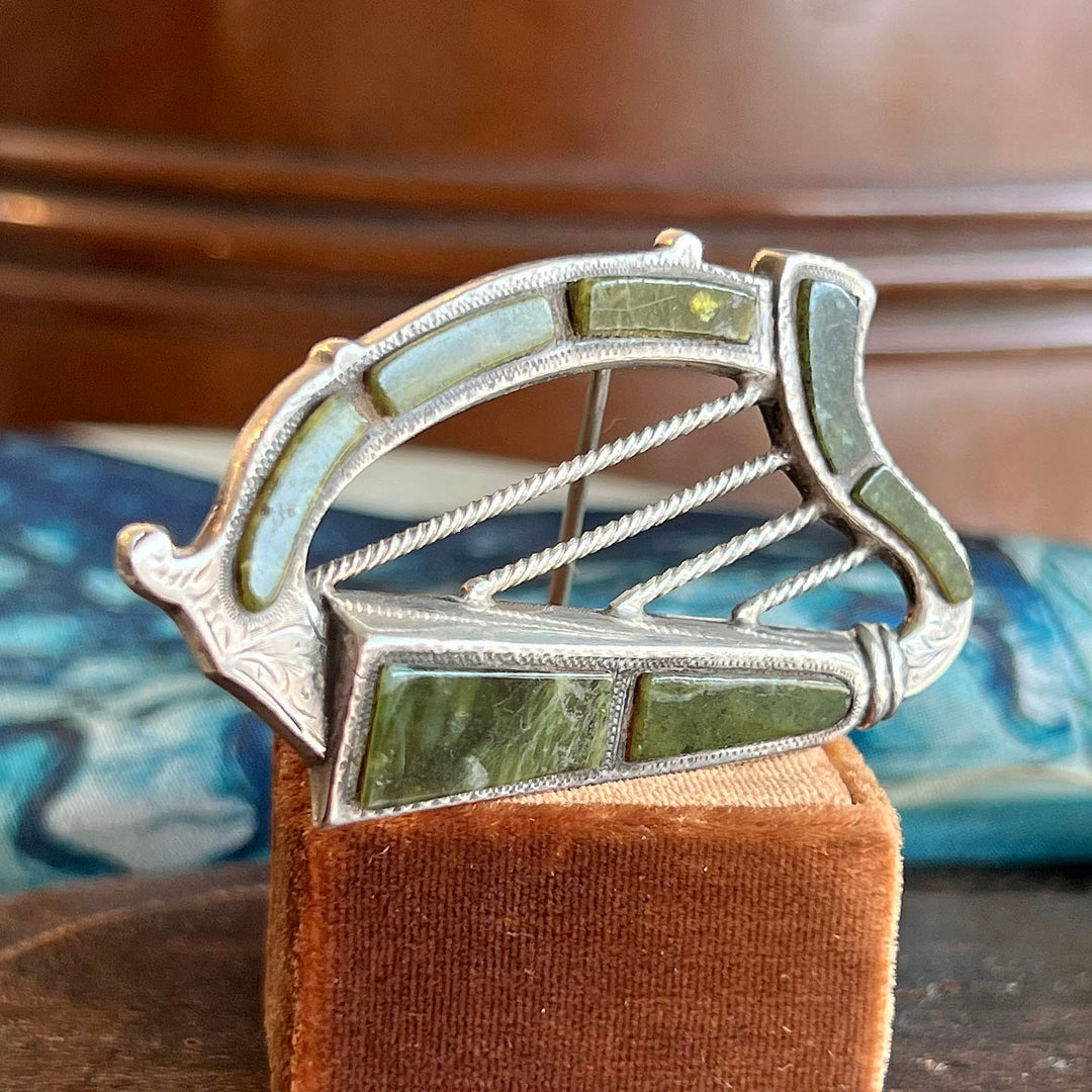 Antique Connemara Marble Harp Brooch Silver Birmingham 1909