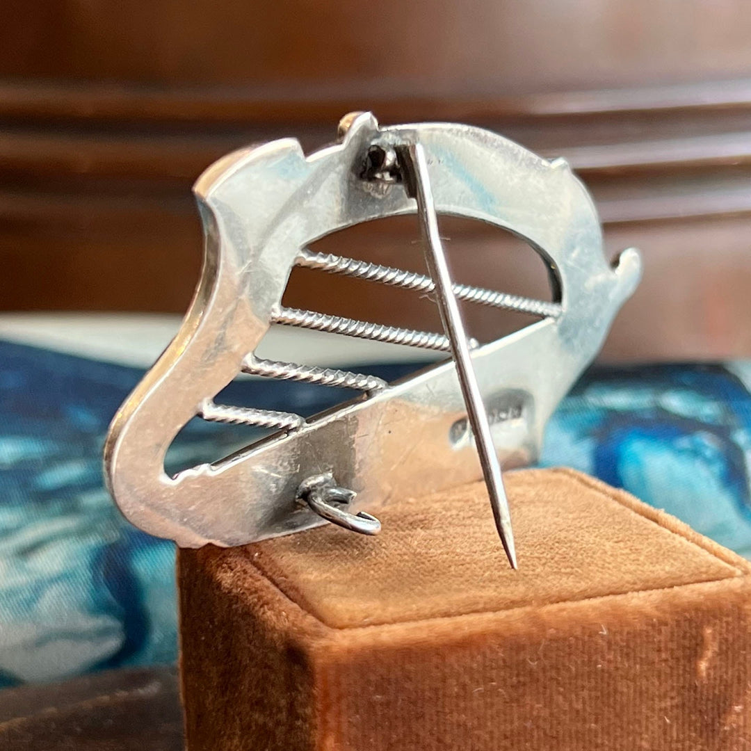 Antique Connemara Marble Harp Brooch Silver Birmingham 1909