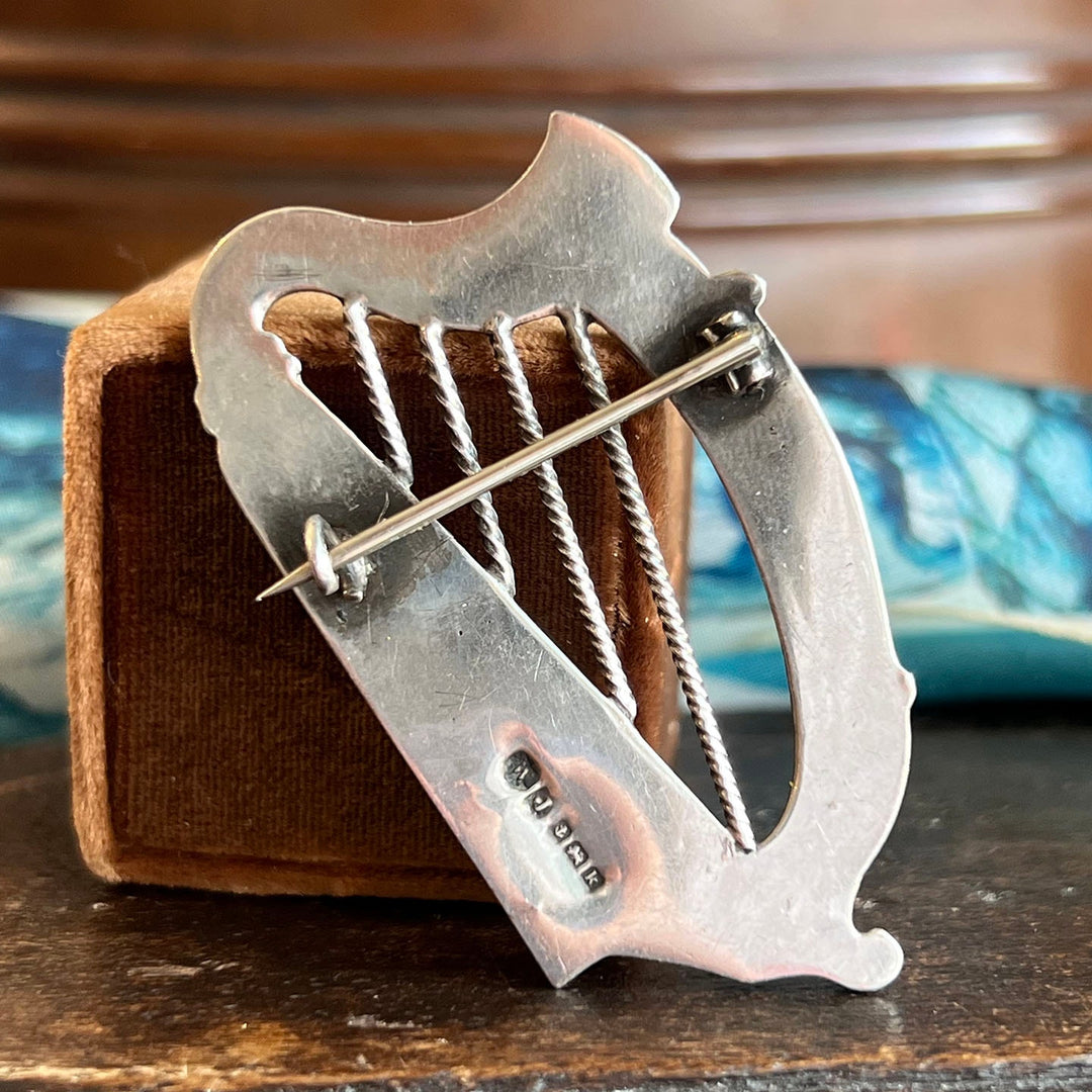 Antique Connemara Marble Harp Brooch Silver Birmingham 1909