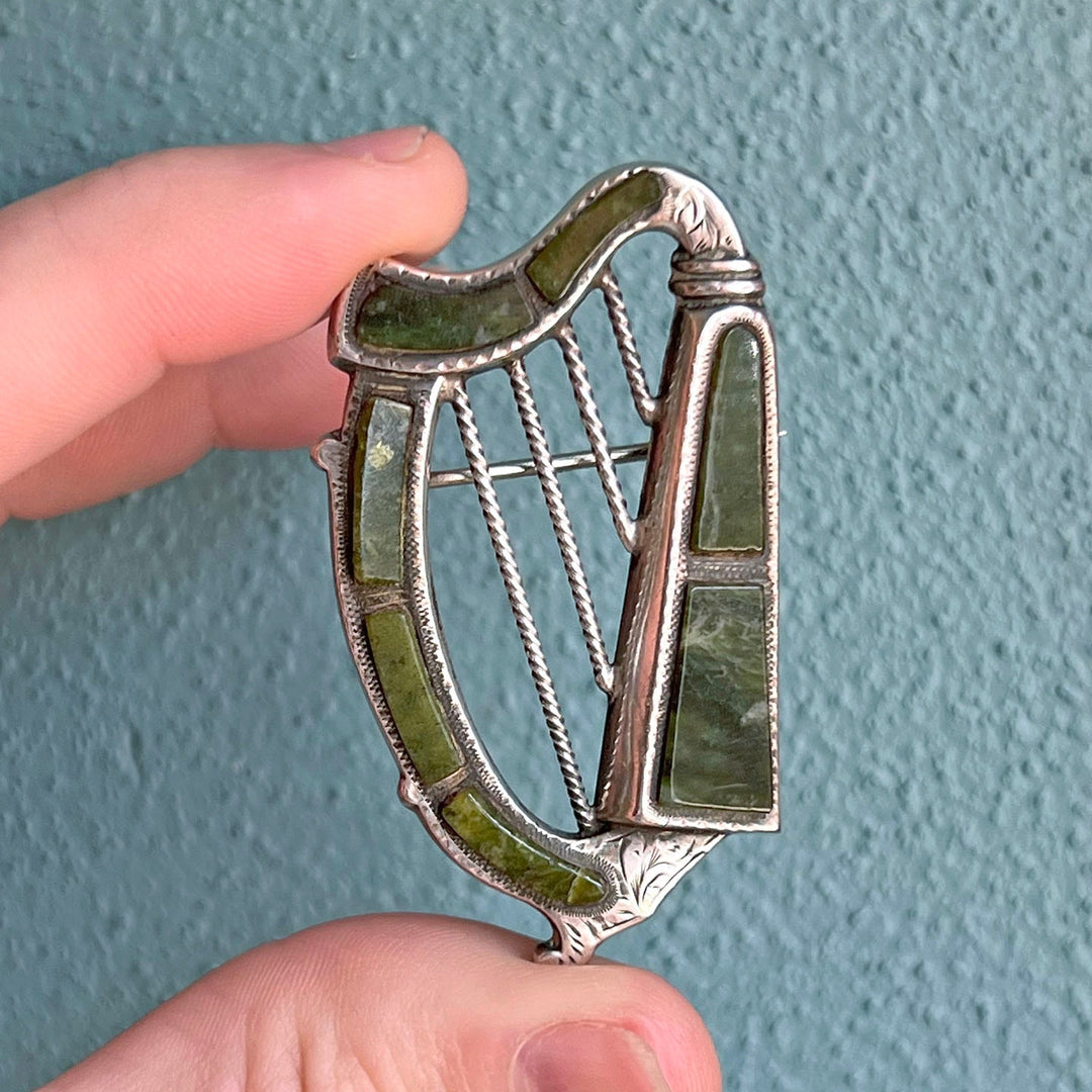Antique Connemara Marble Harp Brooch Silver Birmingham 1909