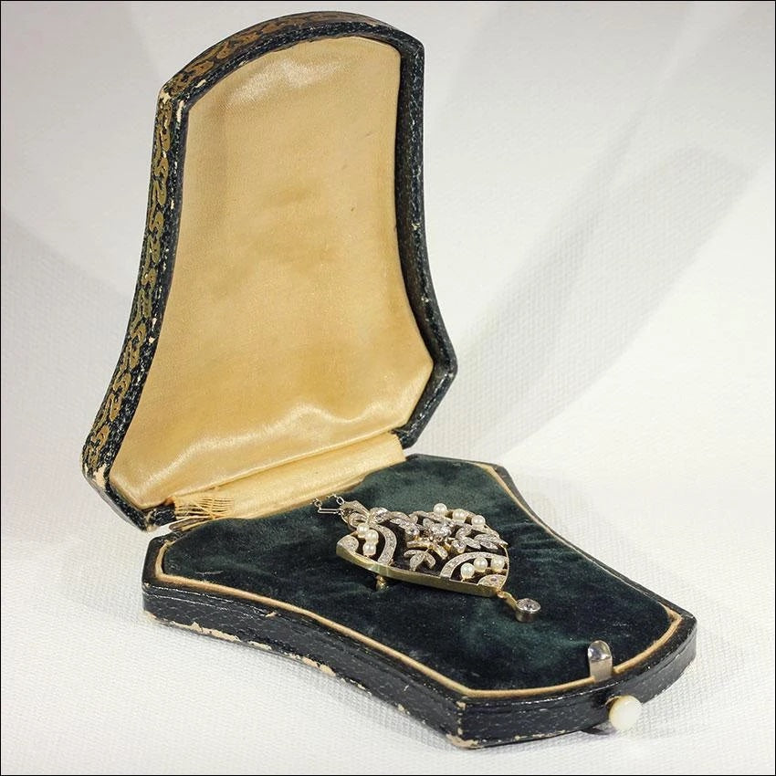 Antique Diamond Brooch Pendant Necklace, Garland Era, Original Fitted Box, Platinum and 18k Gold