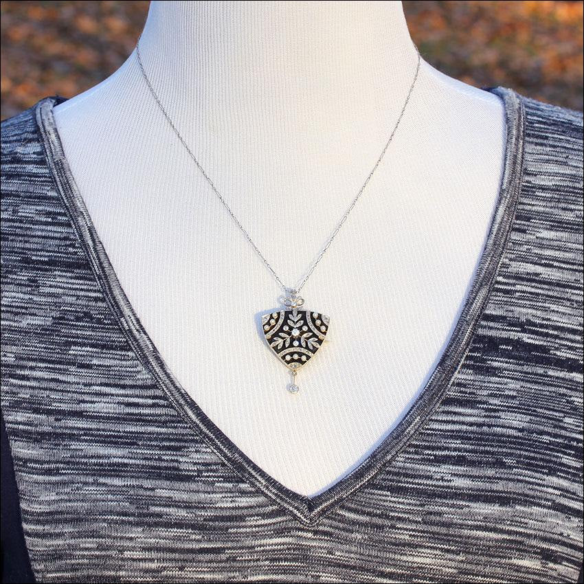 Antique Diamond Brooch Pendant Necklace, Garland Era, Original Fitted Box, Platinum and 18k Gold