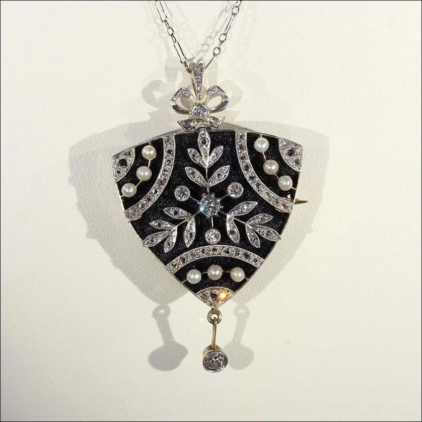 Antique Diamond Brooch Pendant Necklace, Garland Era, Original Fitted Box, Platinum and 18k Gold