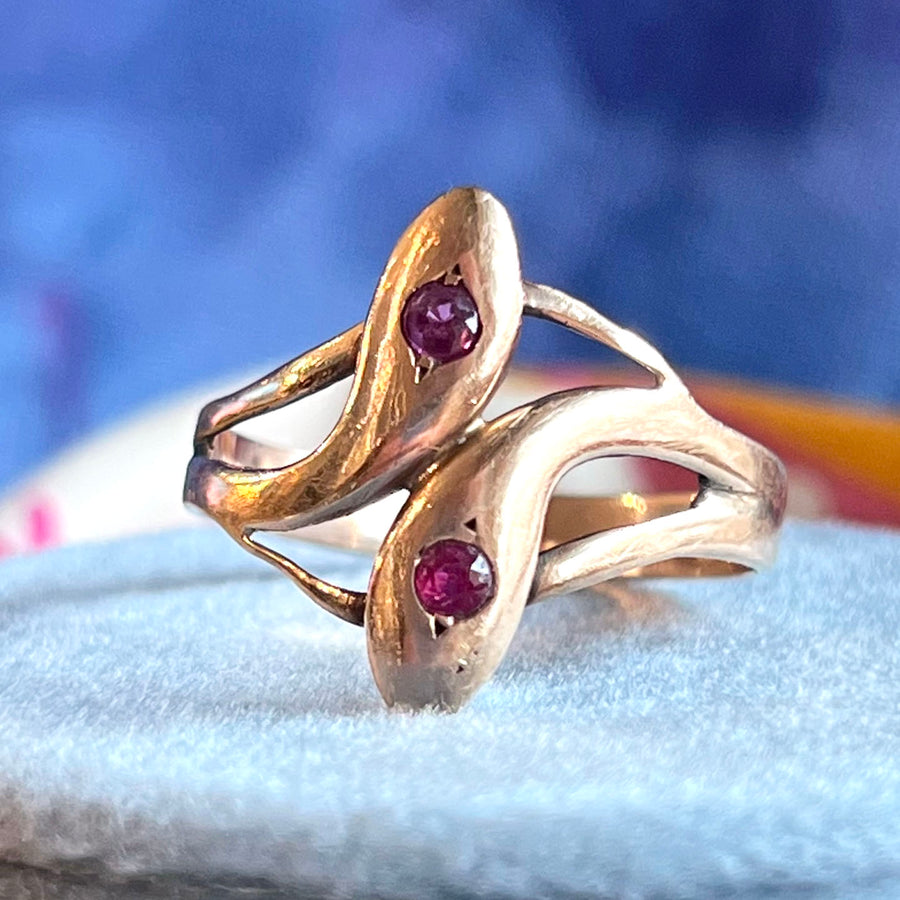 Antique Double Snake Ruby Gold Ring 15k