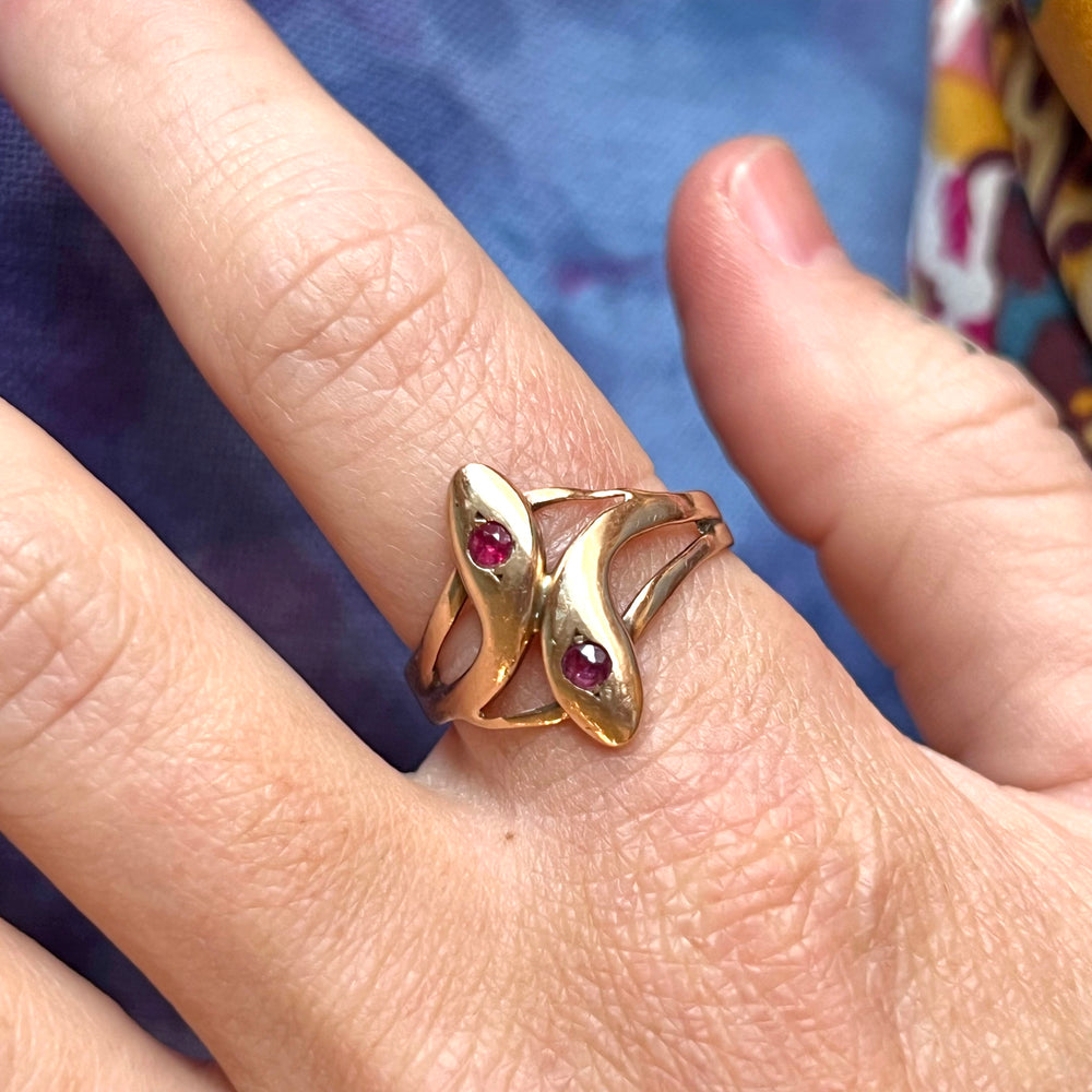 Antique Double Snake Ruby Gold Ring 15k