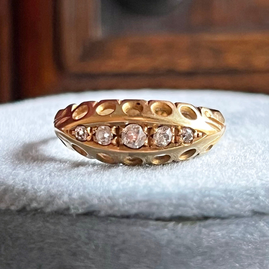 Antique Edwardian five stone diamond boat ring 18k gold Birmingham 1913