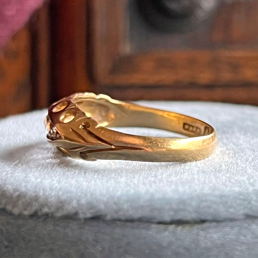Side view antique diamond navette ring 18k gold band