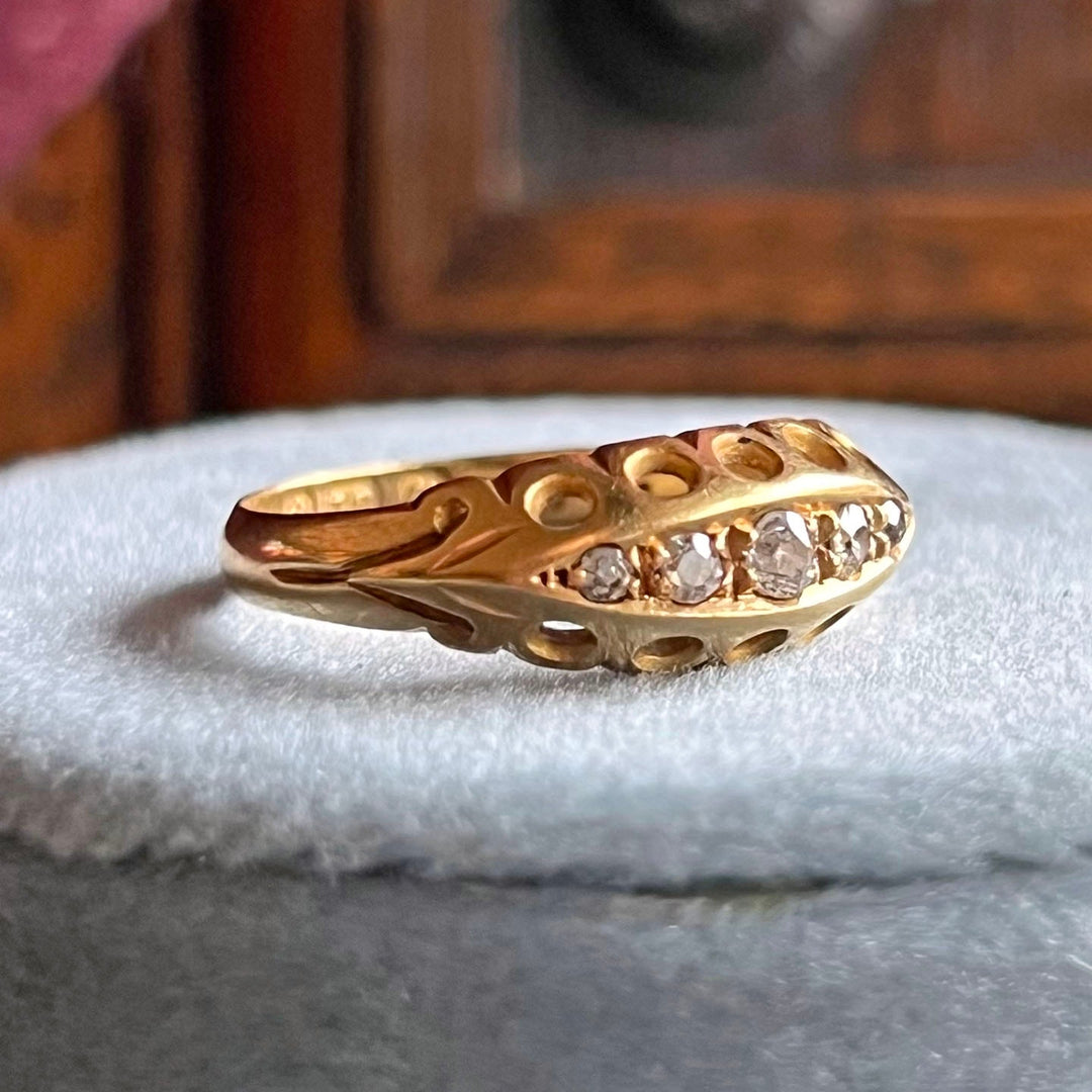 Side view antique diamond navette ring 18k gold band