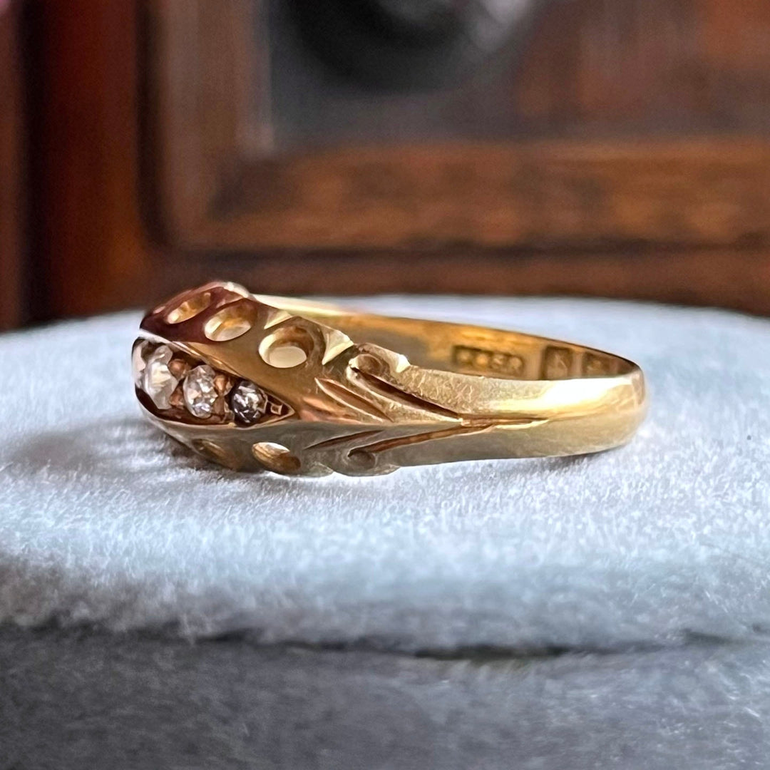 Edwardian diamond boat ring angled view old cut diamonds 18k gold