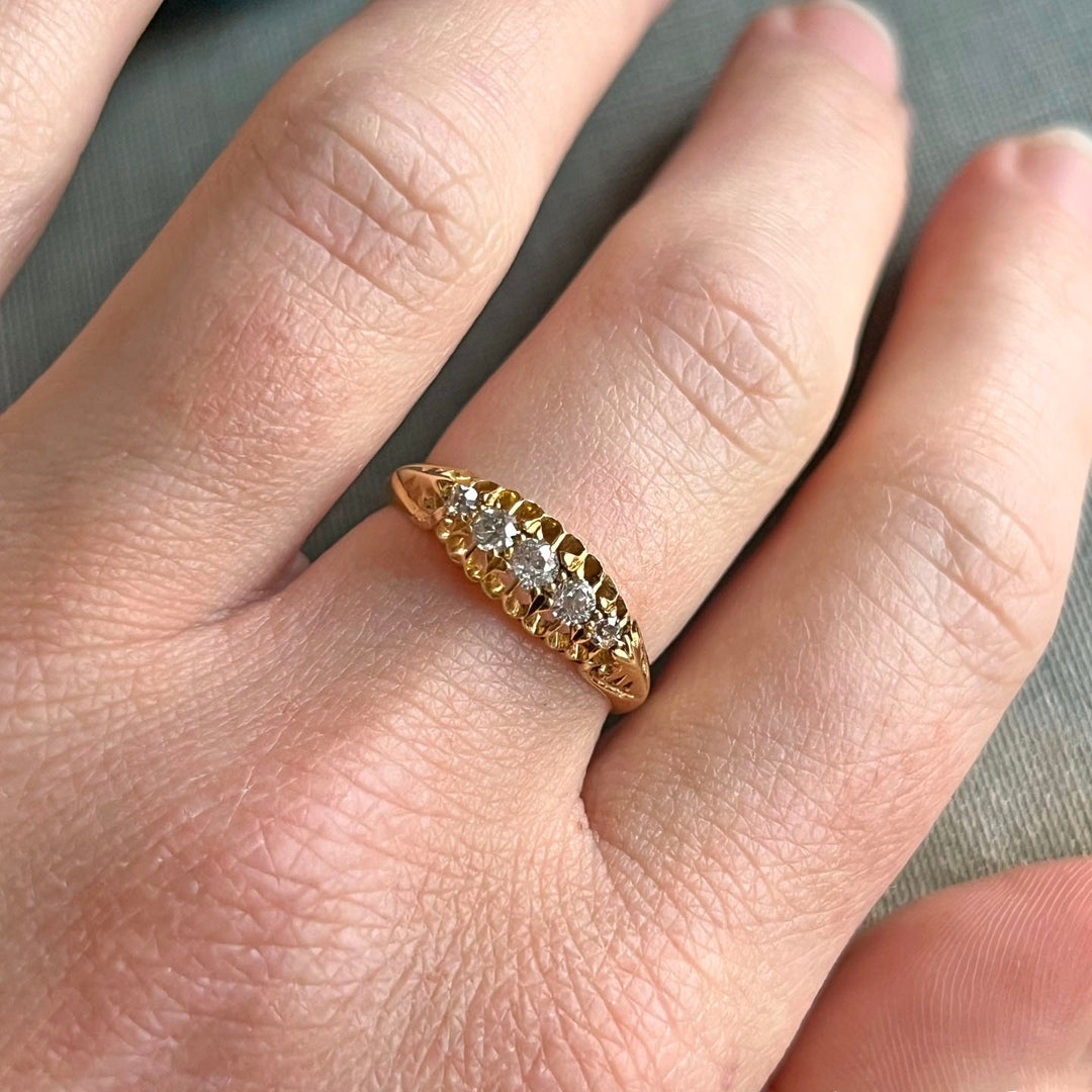 Antique Edwardian 18 Karat Gold Five Stone Diamond Ring, Chester c.1910, English Diamond Ring