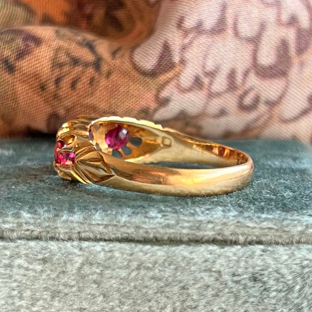 Edwardian ruby diamond seven stone ring side profile 18K gold