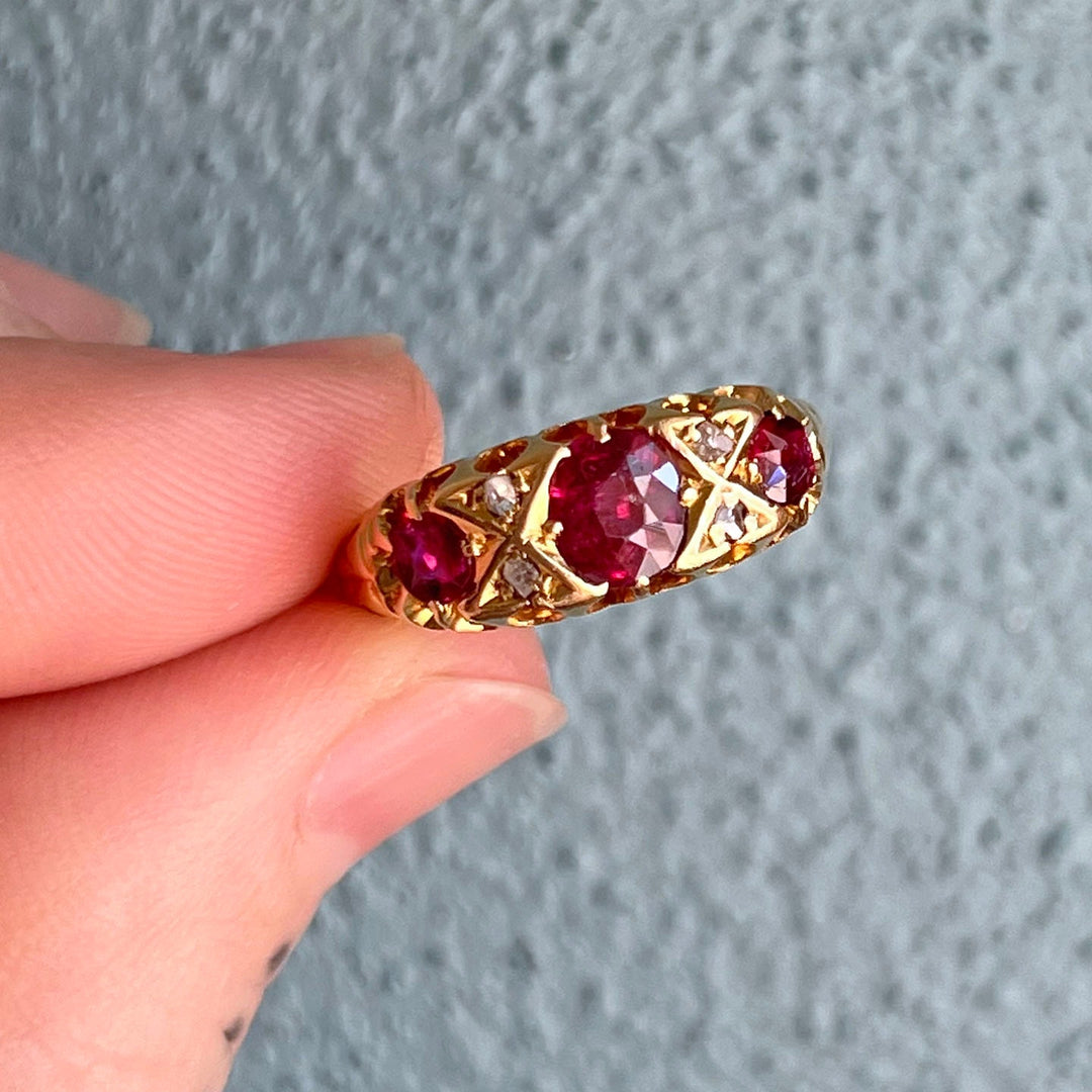 Close up Edwardian ruby and diamond settings