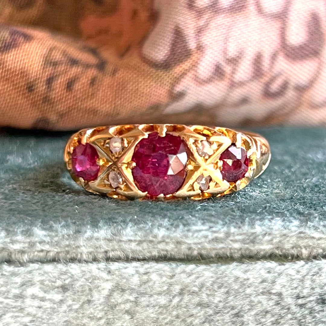 Antique Edwardian 18 karat gold ruby and diamond seven stone ring Chester 1906