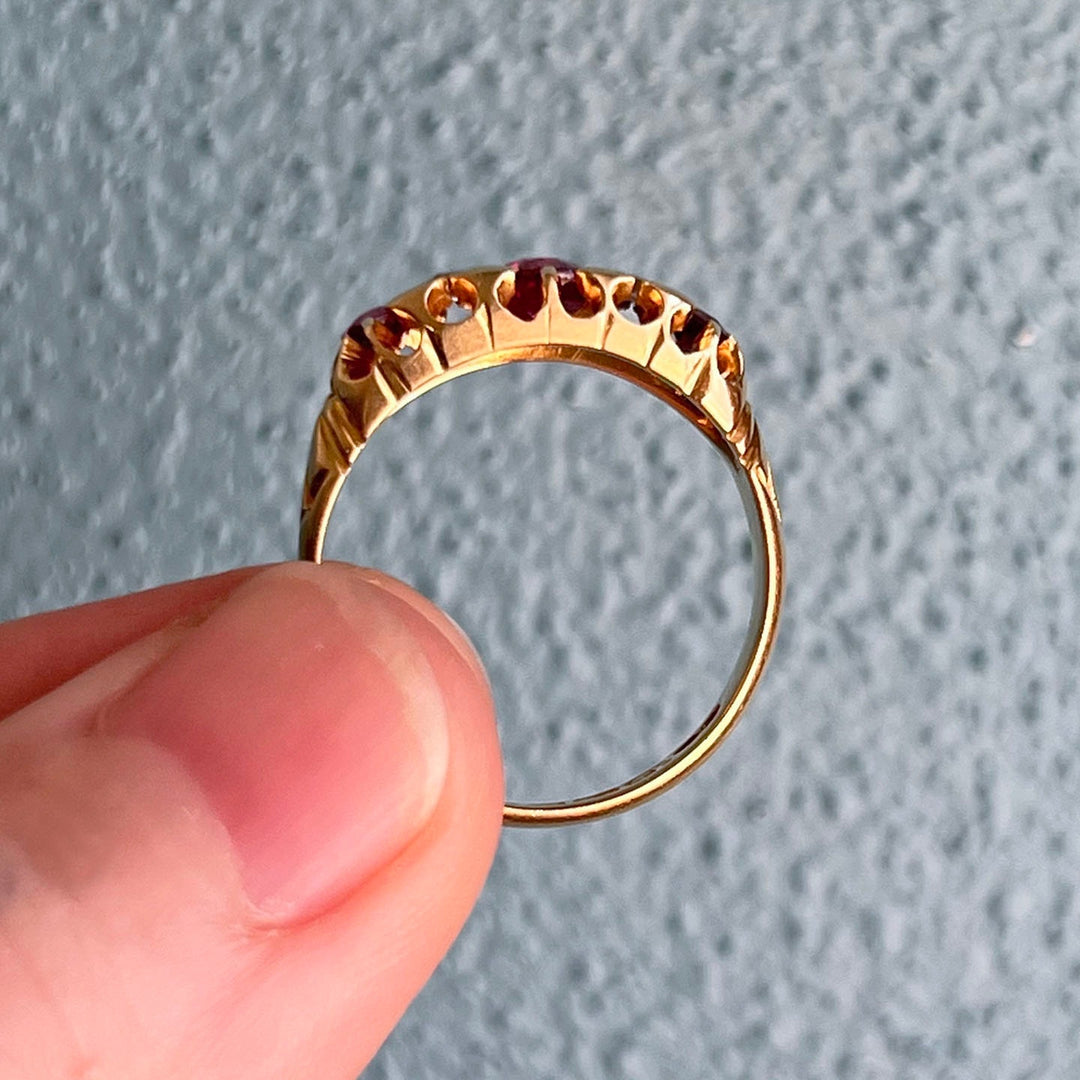 Edwardian ruby diamond seven stone ring side profile 18K gold