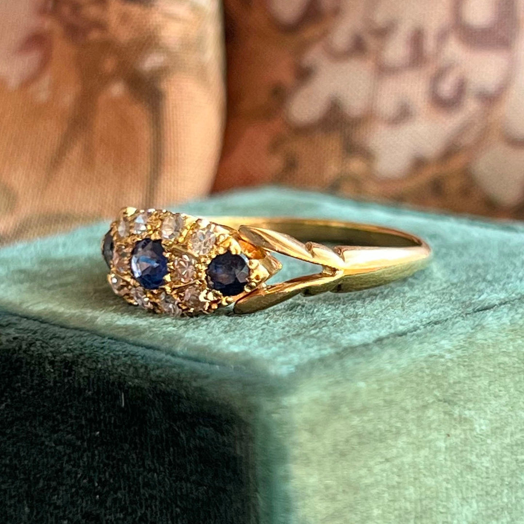 Edwardian sapphire diamond ring side profile 18K gold