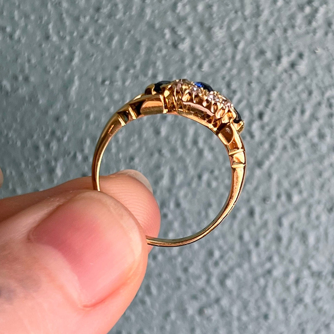 Edwardian sapphire diamond ring side profile 18K gold
