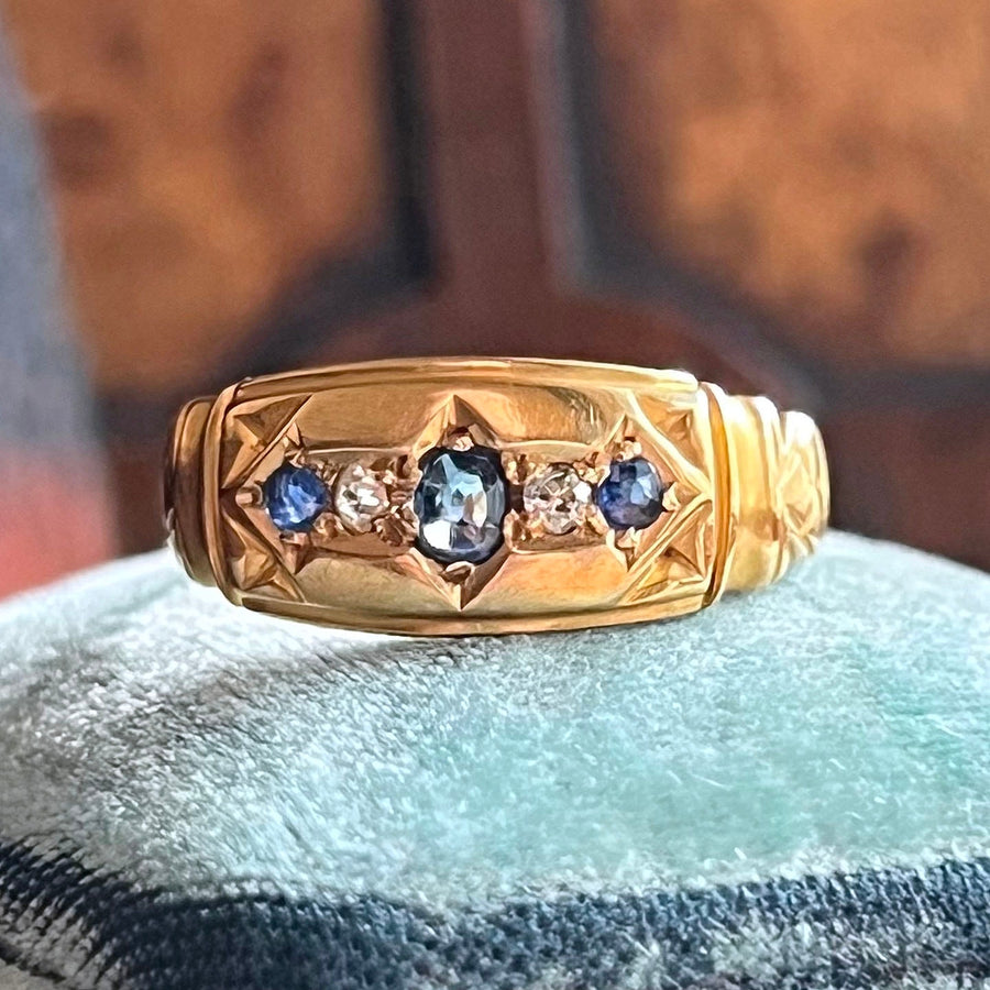Antique Edwardian sapphire and diamond five stone ring 18k gold England c1900