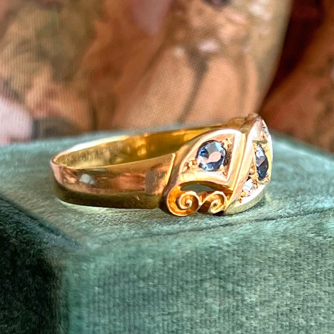 Estate Edwardian sapphire and diamond ring detail