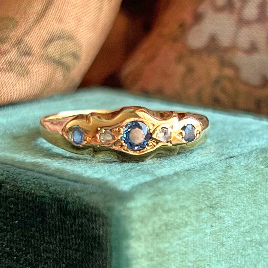 Antique Edwardian sapphire and diamond five stone ring 18k gold England 1907