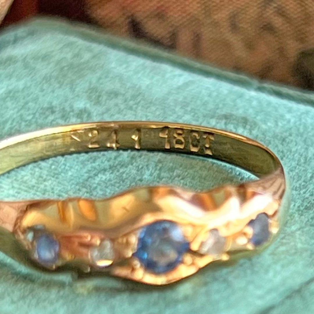 Hallmark detail England 1907 on 18k gold sapphire diamond ring