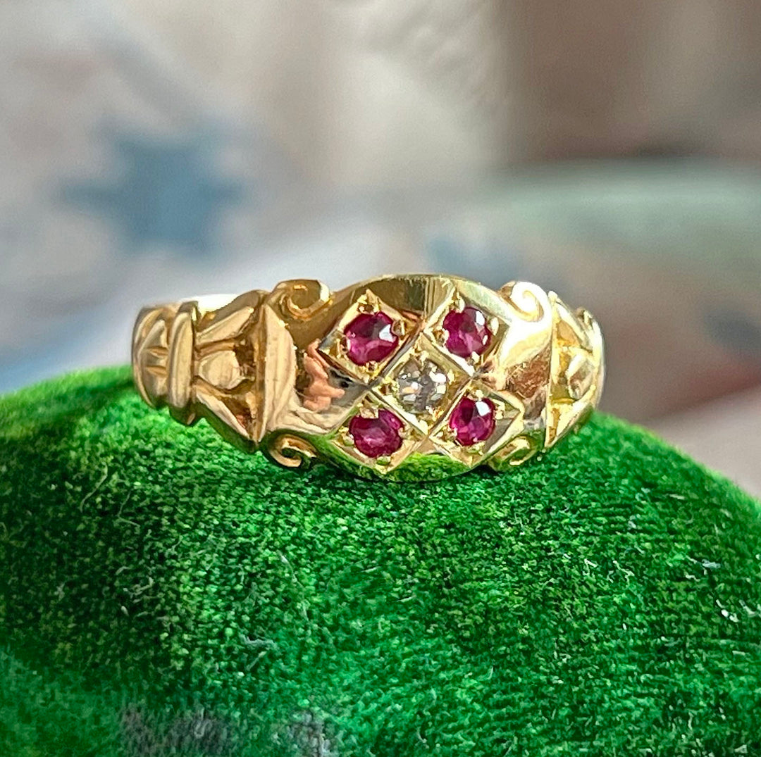 Antique Edwardian 18k Gold Ruby Diamond Ring, 5-Stone c. 1910