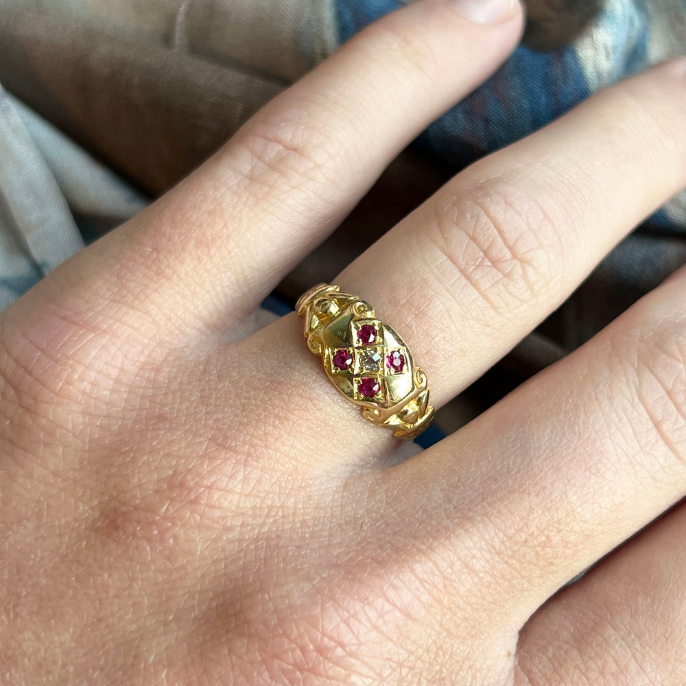 Antique Edwardian 18k Gold Ruby Diamond Ring, 5-Stone c. 1910