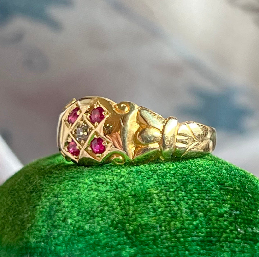 Antique Edwardian 18k Gold Ruby Diamond Ring, 5-Stone c. 1910