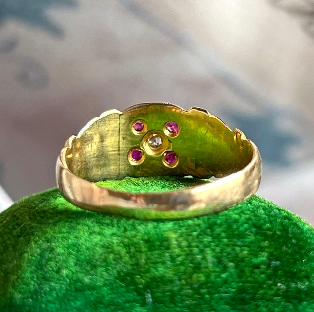 Antique Edwardian 18k Gold Ruby Diamond Ring, 5-Stone c. 1910