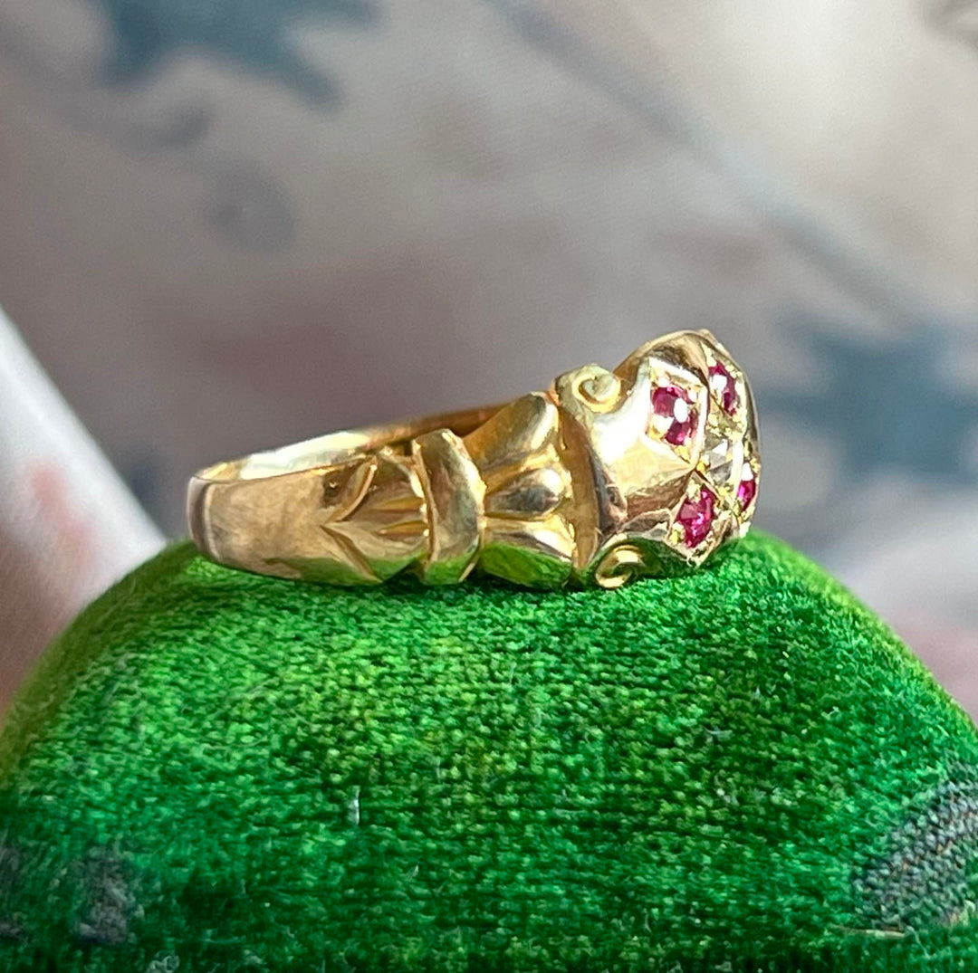 Antique Edwardian 18k Gold Ruby Diamond Ring, 5-Stone c. 1910